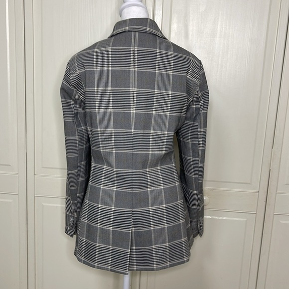 H&M Women's Sz 12 Blazer Gray Beige Plaid Double Breasted Lined Blazer Jacket - Picture 7 of 14
